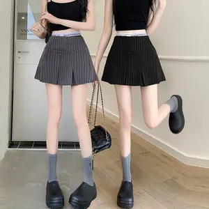 #8804# Rok Mini Double layer Bergaris Gaya Korea - Kain Nyaman Pinggang Elastis A-Line Pinggang Tinggi dalam Warna Hitam Abu-abu - XS-XL untuk Fashion Musim Panas