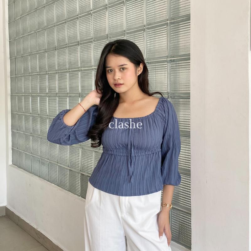 Baju Blouse Pita Wanita Atasan Lengan Panjang Lady Crush Crinkle Anti Lecek Korean Style Kekinian Terbaru Ootd Farah Top by Clashe 4