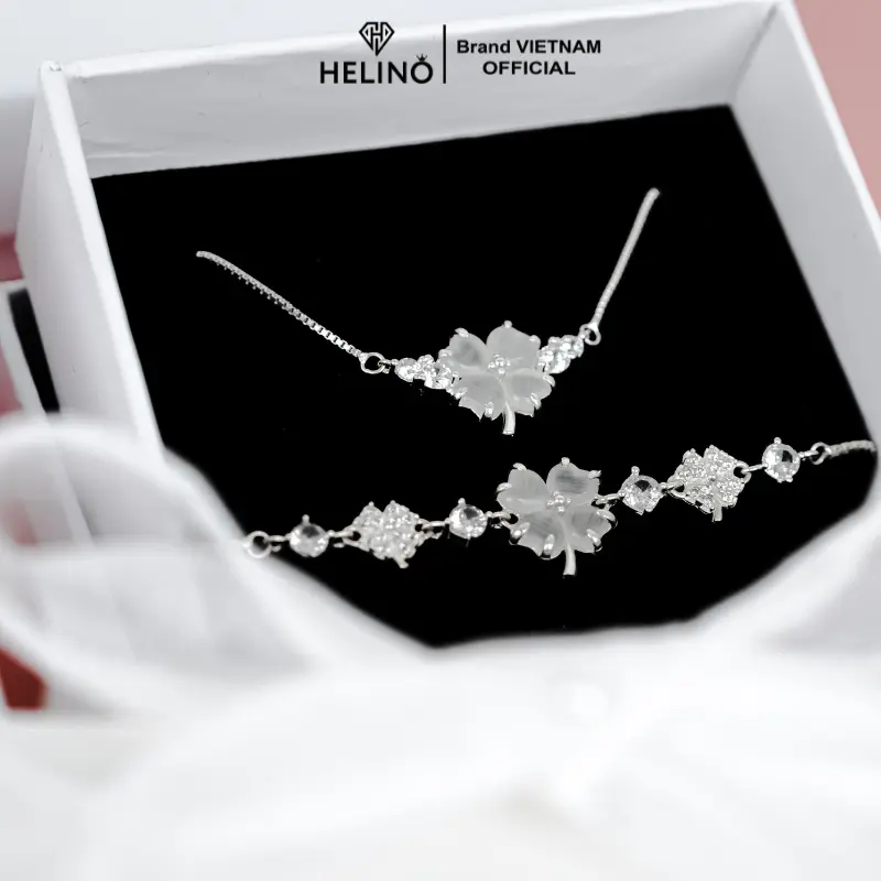 Bộ sản phẩm bạc 925 HELINO Cỏ bốn lá đính đá mắt mèo, dây chuyền, lắc tay, nhẫn, trang sức cao cấp, quà tặng sinh nhật, kỷ niệm 2