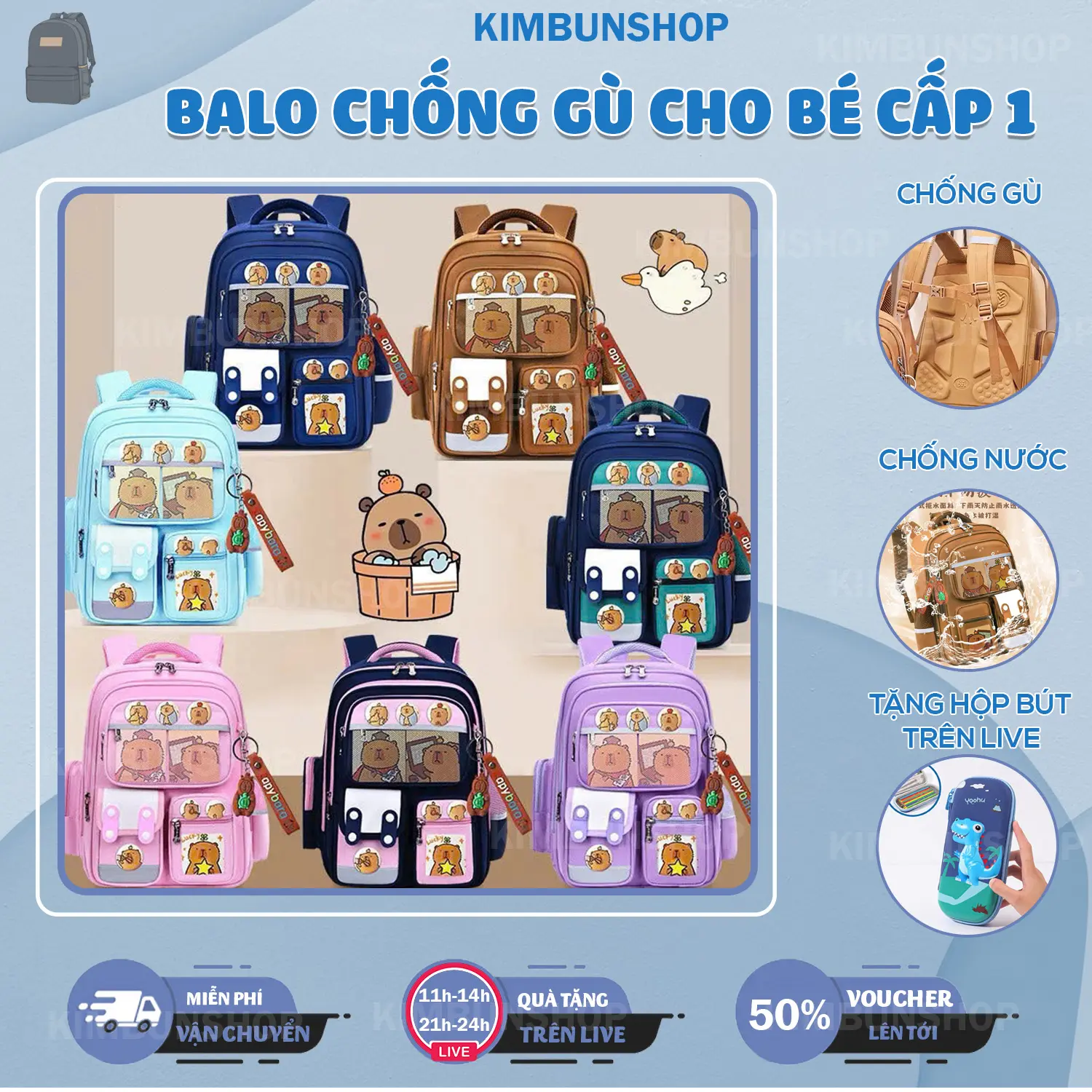 Balo 8 ngăn họa tiết Capybara chống gù siêu nhẹ, chống nước cho bé trai, bé gái lớp 1-6 ( tặng kèm móc khóa, thẻ, huy hiệu)-kimbunshop4