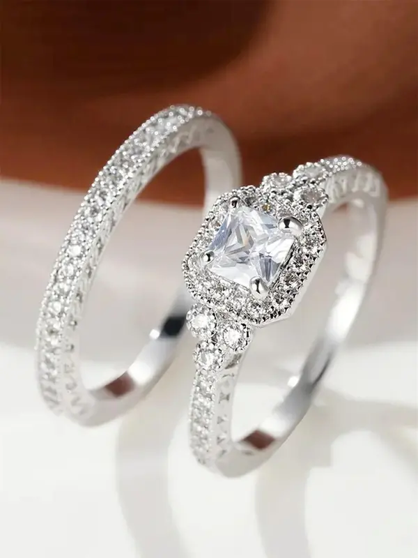 Women's Elegant Rhinestone Decor Rings, 2pcs/set Trendy Exquisite Promise Rings, Fashion Luxury Wedding Jewelry As Gift for Girlfriend Valentine's Day, Gift for Her 0