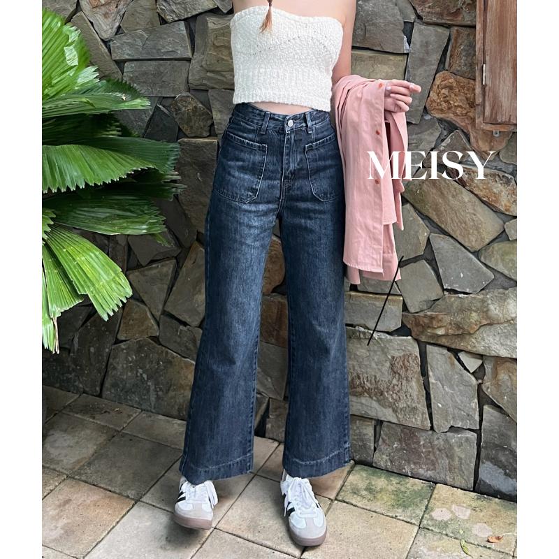 Quần jeans bò nữ ống rộng suông gáu 3 phân túi trước Meisy denim không co giãn phong cách Hàn Quốc Pants