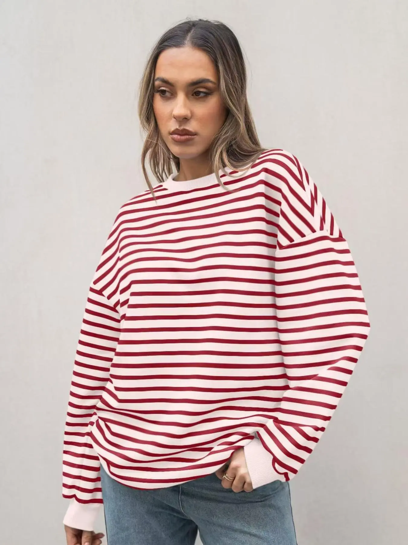 Women's Striped Print Oversized Drop Shoulder Sweatshirts, Casual Long Sleeve Round Neck Pullover for Spring & Fall, Fashion Women's Knitwear for Daily Wear