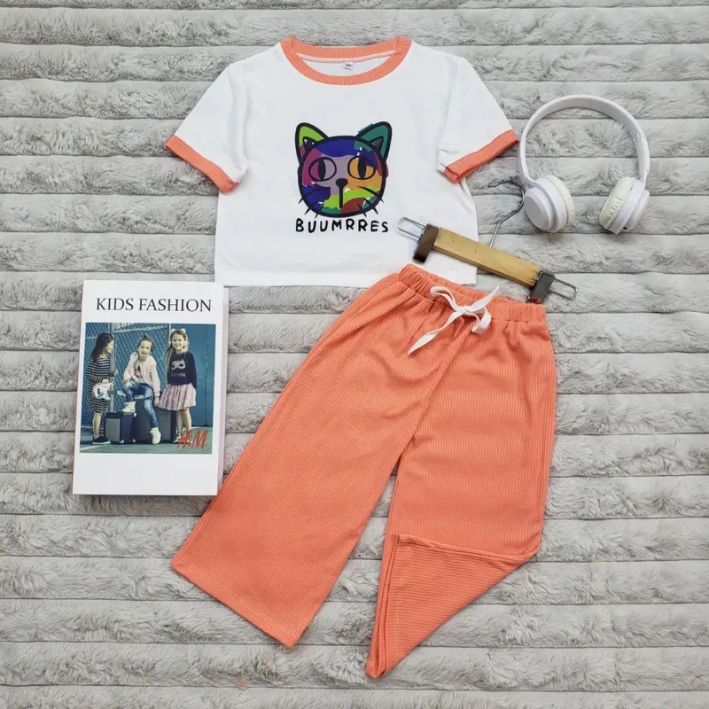 Đồ bộ bé gái quần lửng áo tay ngắn hình in con mèo rất đẹp, vải thun cotton có size đại,set bộ quần áo tay ngắn cho bé gái độ tuổi từ 3-11 tuổi HANA KIDS 3