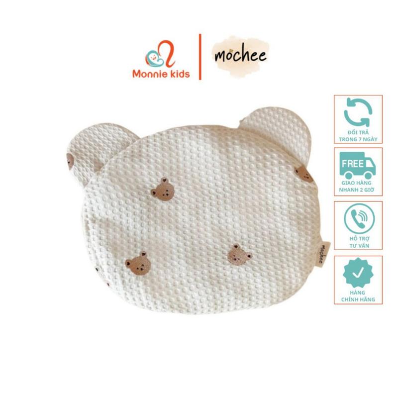 Gối đầu tai gấu cho bé Mochee tổ ong thêu gấu vải waffle cho bé sơ sinh - Monnie Kids 1