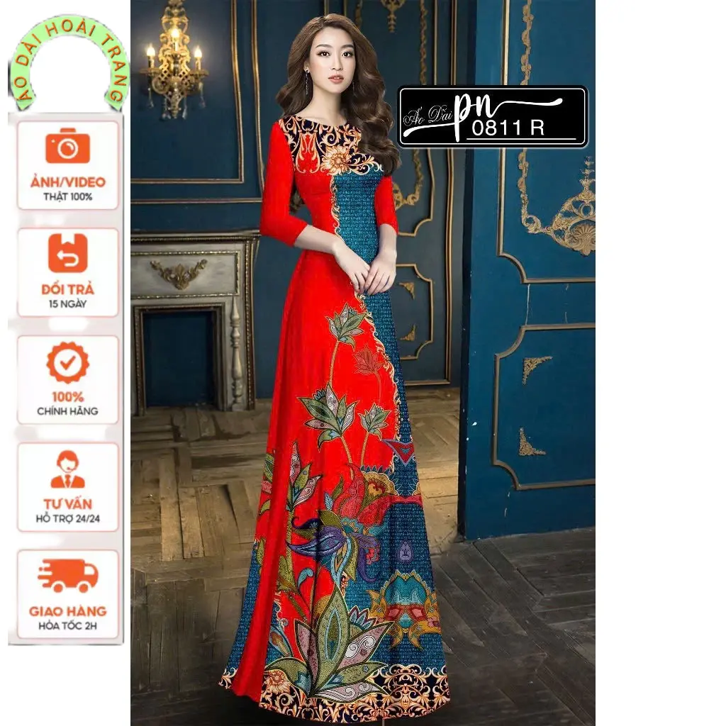 Áo dài in 3D Hoa  cổ tròn tay phồng vải lụa nhật - Áo Dài Hoài Trang