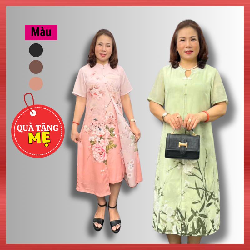 Đầm Trung Niên Nữ, BST Váy Cho Mẹ Dự Tiệc Cổ Tàu Phối Nút Xẻ Tà Màu Kem Đen Xanh Sang Trọng Thanh Lịch, Thời Trang Women Dress NP Clothing U60