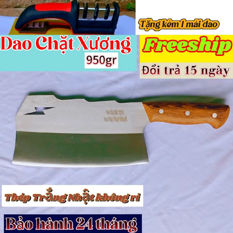 [Dao Bếp Hữu Nghĩa]. Dao Chặt Xương ống nặng 900gr. Được rèn từ Thép Trắng 420HC Nhật không rỉ. Cán ốp gỗ Mun. Đặc điểm sắc bén, êm tay, chất lượng, bền, đẹp, không rỉ sét. Chuyên dùng  chặt các loại xương, chặt thịt, chặt dừa, chặt cây nhỏ vv... 0