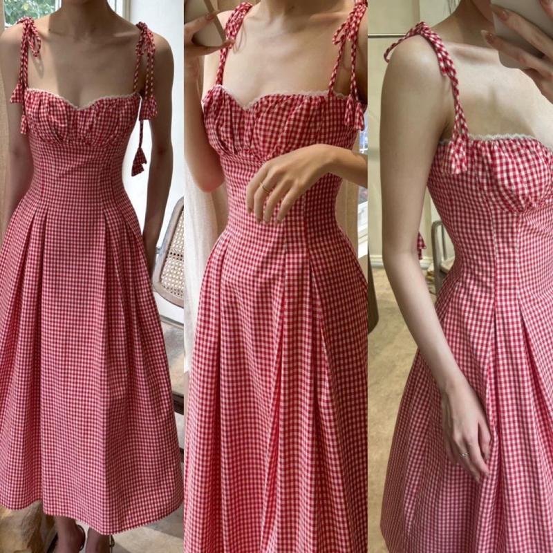 Đầm maxi CARÔ CỘT NƠ VAI tôn dáng