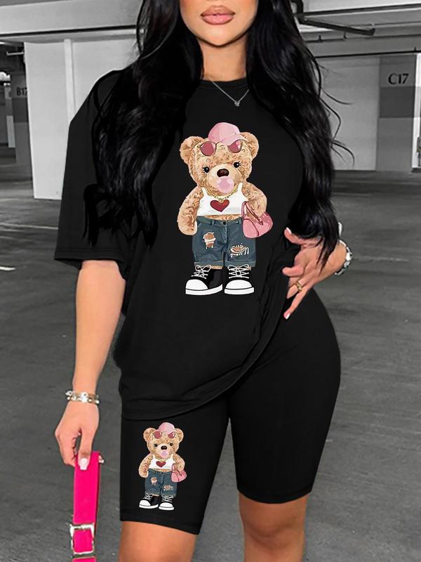 Cartoon Bear Graphic Print Short Sleeve T-shirt & Elastic Waist Shorts Set, Y2k Outfits Streetwear Casual Round Neck Tee & Skinny Shorts for Summer, Summer Outfits 2024, 2 Piece Sets, Co Ords for Women, Two Piece Set Women, Outfits To Hide Tummy Uk 6