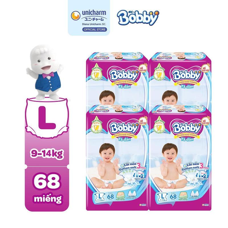 [COMBO 4] Bobby Tã/bỉm dán L68 Siêu khô thoáng lõi nén cotton-soft cho bé