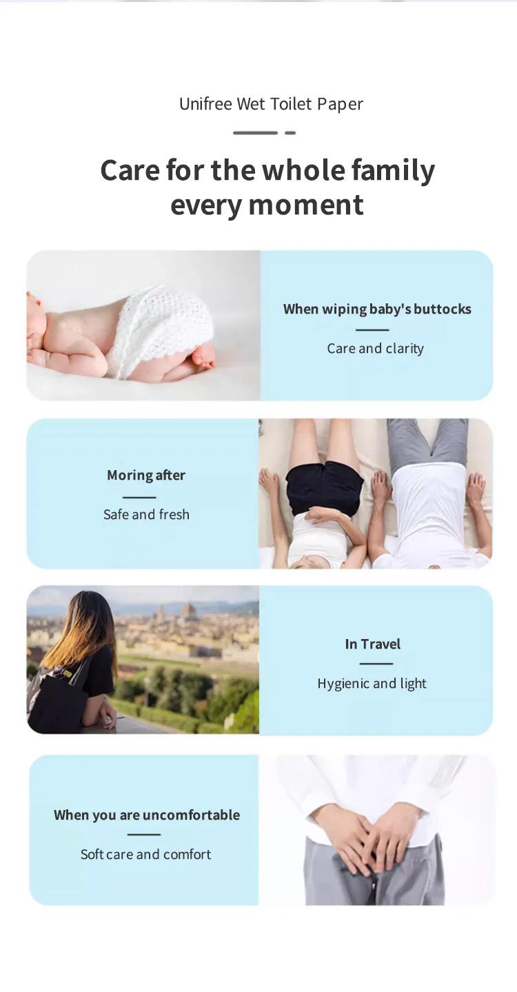 Product Introduction of Unifree wet flushable toilet paper privates care total 6 type can choose. 8