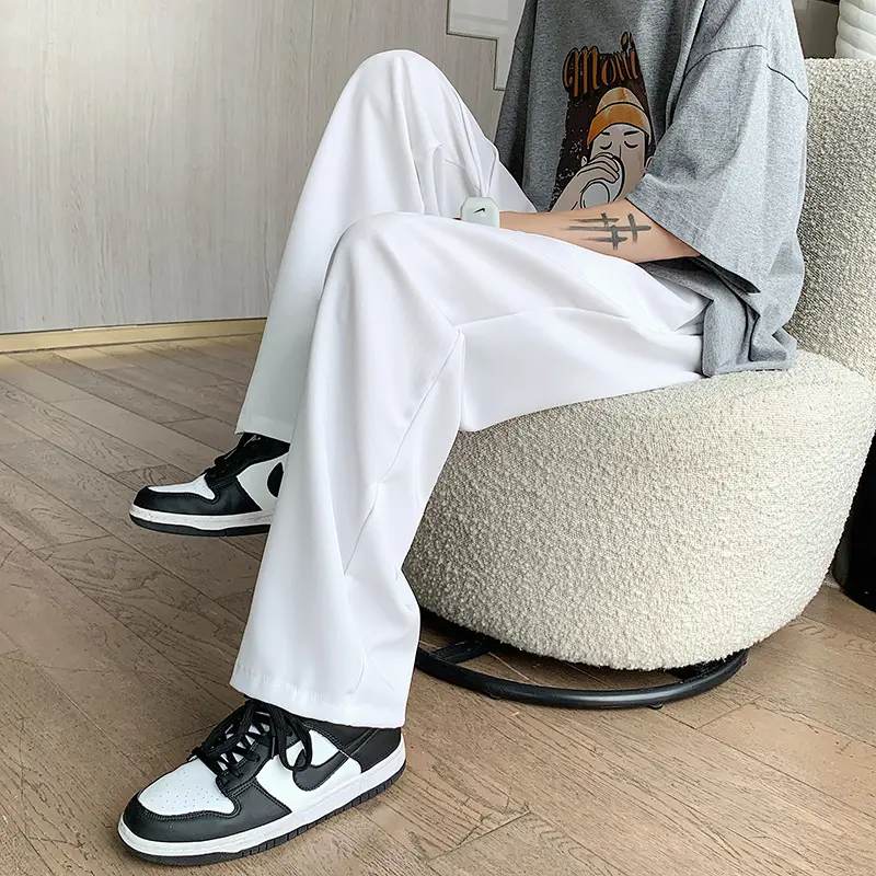 White Khaki Small Suit Pants Men's Cropped Pants Draping Loose Wide-Leg Casual Trousers Men's Autumn and Winter Straight Suit Pants Beige Menswear Lingerie Plain