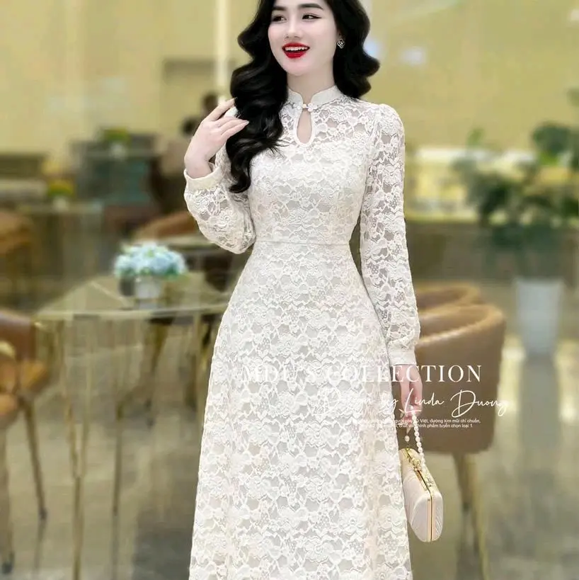(eo<72 ngực<85) ĐẦM REN BÔNG THIẾT KẾ MÀU KEM NÚT TÀU(CÓ MÚT)
