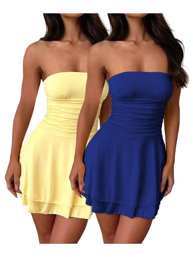 Product Introduction of Women's Solid Ruched Backless Tiered Layer Tube Dress, Elegant Strapless Sleeveless A Line Short Sundress, Casual Dresses for Women, Holiday Dresses, Minimalist Summer Dresses, Lady Clothes for Beach Holiday 9