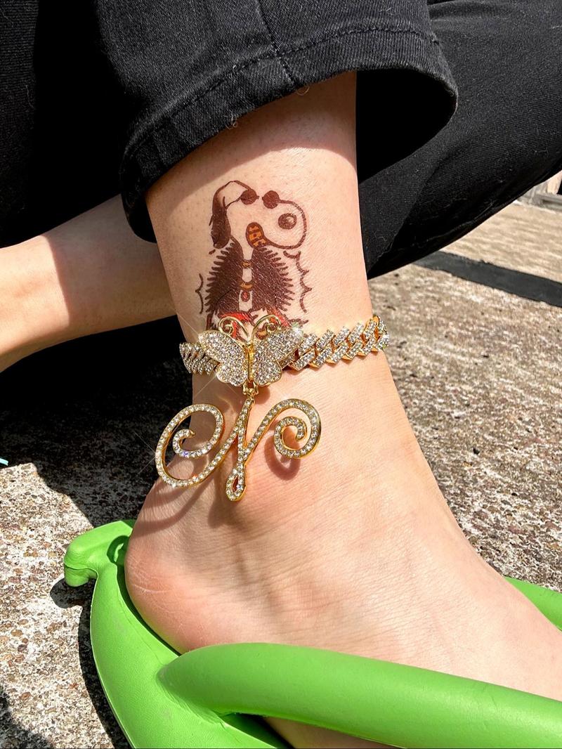 Product Introduction of Fashionable Rhinestone Decorated Anklet, Butterfly & Letter Design Cuban Link Chain Anklet, Fashion Foot Jewelry for Party, Daily Clothing Decor, Trendy All-match & Exquisite Jewelry for Birthday Gift 0