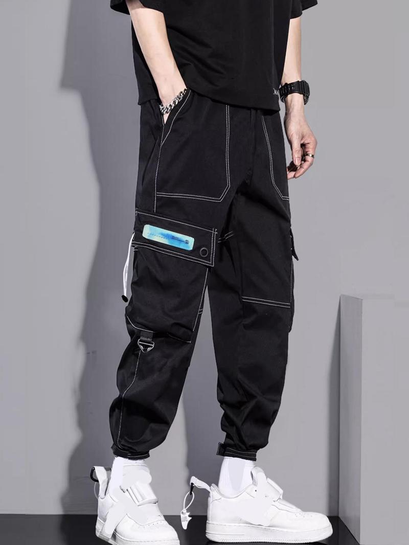 Product Introduction of Men's Solid Color Letter Print Top-Stitching Elastic Waist Cargo Pants, Regular Fit Casual Comfy Slant Pocket & Flap Pocket Deign Trousers with Adjustable Velcro Hems for Spring, Fashion Men's Bottoms for Daily Wear 9