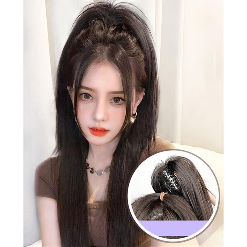 Fashion 40cm Lazy Invisible Long Hair with Grab Clip Ponytail Natural Extension Straight Hair Wig Waterfall Half-Tie High Wig 1