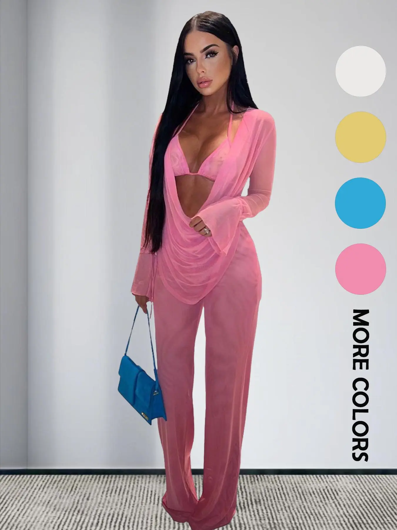 Women's Sexy Solid Backless Sheer Tulle Cowl Neck Flounce Sleeve Top & Wide Leg Pants & Tie Back Triangle Bra Set, Fashion Casual Ladies Three Counts Outfits for Daily Outdoor Wear, Ladies Spring Clothes Valentine's Day, gift
