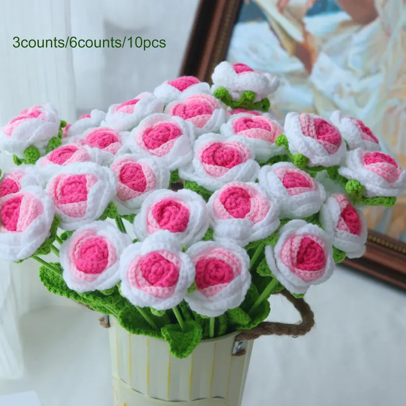 Gradual Change Crochet Rose, 3/6/10pcs Handmade Crochet Rose with Stem, Artificial Flower for Wedding Bridal Bouquet, Home Decor, Valentine's Day Gift Idea 0
