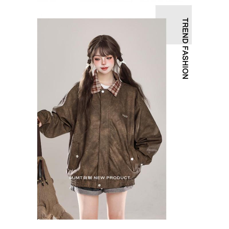 Product Introduction of American Retro Spliced plaid Lapel Jacket For Women In Autumn New Loose Bf Trendy Brand Baseball Uniform Pu Leather Jacket 19