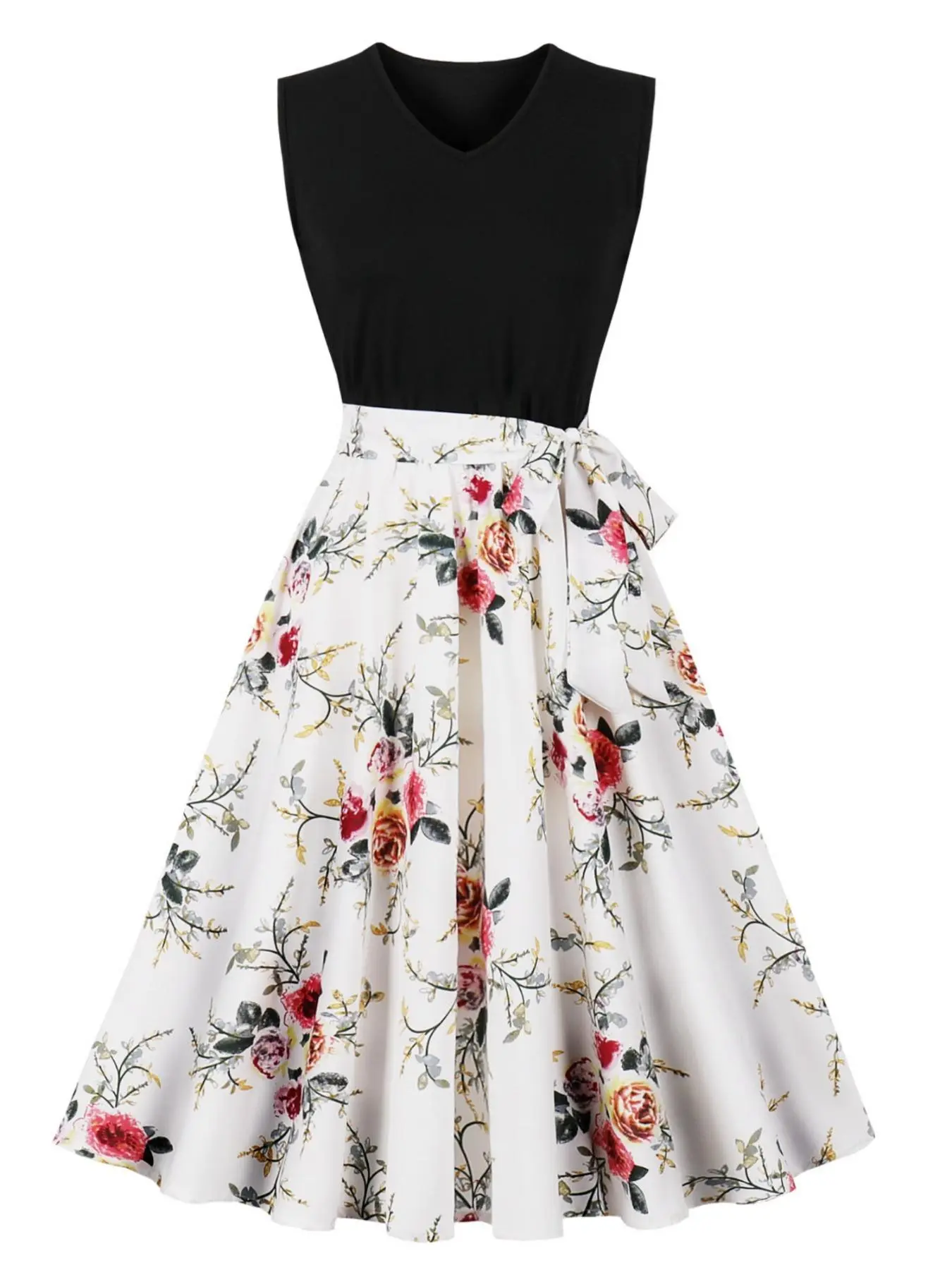 Women's Floral Patchwork Print V Neck A Line Dress, Elegant Sleeveless Belted Knee Length Dress for Party Holiday Wedding Guest, Ladies Summer Clothes