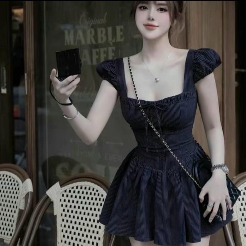 Đầm Cổ Vuông Xinh Kẻ Nơ Tay Bồng Váy Xếp Li Nữ 0