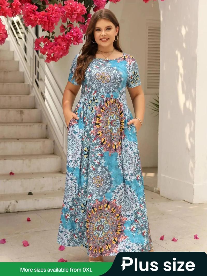 Product Introduction of Plus Size Ethnic Pattern Pocket Round Neck A Line Dress, Summer Clothes Women, Dresses Summer, Boho Short Sleeve High Waist Long Dress for Beach Holiday Vacation, Women's Clothes for Summer 14