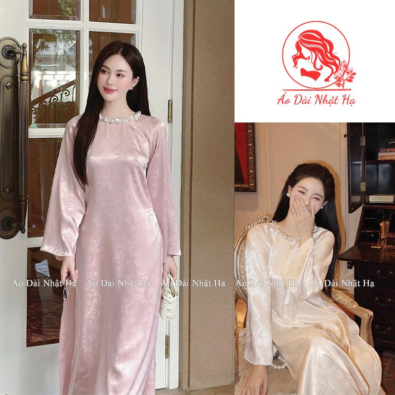  Áo dài cách tân dáng suông lụa gấm cao cấp Chiêu Giao đính kết vòng ngọc tinh tế sang trọng - Áo dài Nhật Hạ 
