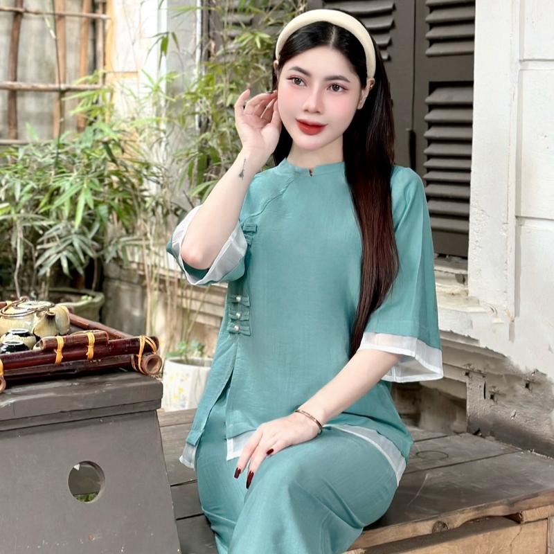 [ Diệu Mai ] Bộ đồ lam trang nghiêm Đũi Lụa 5 màu đi lễ chùa  Women Nữ Voi Jacket 5