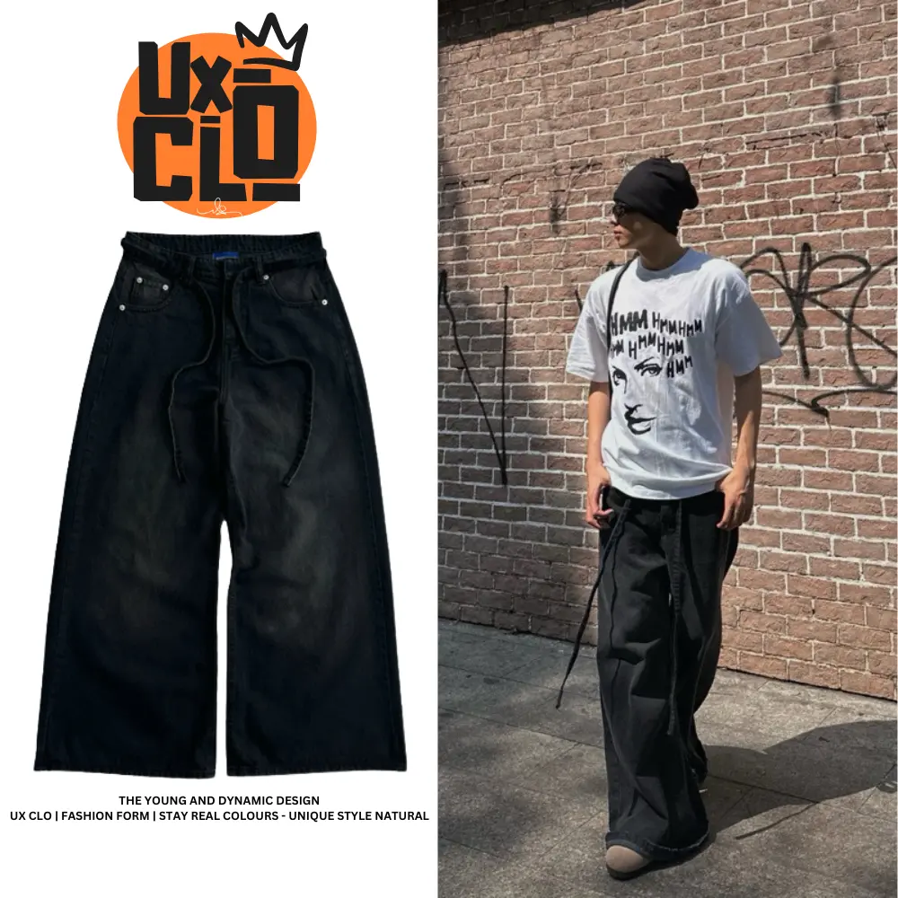 Quần Jean Ống Rộng Nam Nữ Phối Dây - SMOKE LOOSE PLEAT WIDE JEANS - UX CLO - UXC13
