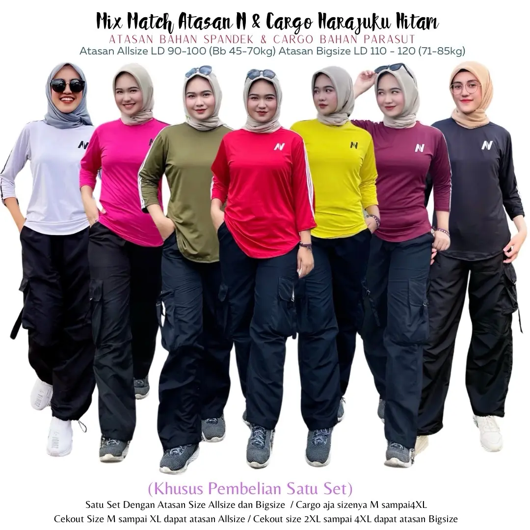 Mix Promo Harga Satu Set Atasan N Petir dan Cargo Harajuku Hitam, Atasan bahan Spandek Polyste, Celana Cargo Bahan Parasut Untuk Zumba Fitness Gym Running dll