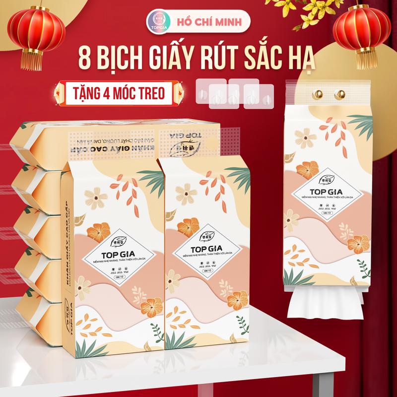(DEAL LIVE) Combo 8 bịch khăn rút đáy Sắc Hạ, khăn giấy cao cấp Top Gia, 4 lớp giấy siêu dai thành phần bột gỗ tự nhiên thân thiện lành tính, khăn giấy vệ sinh