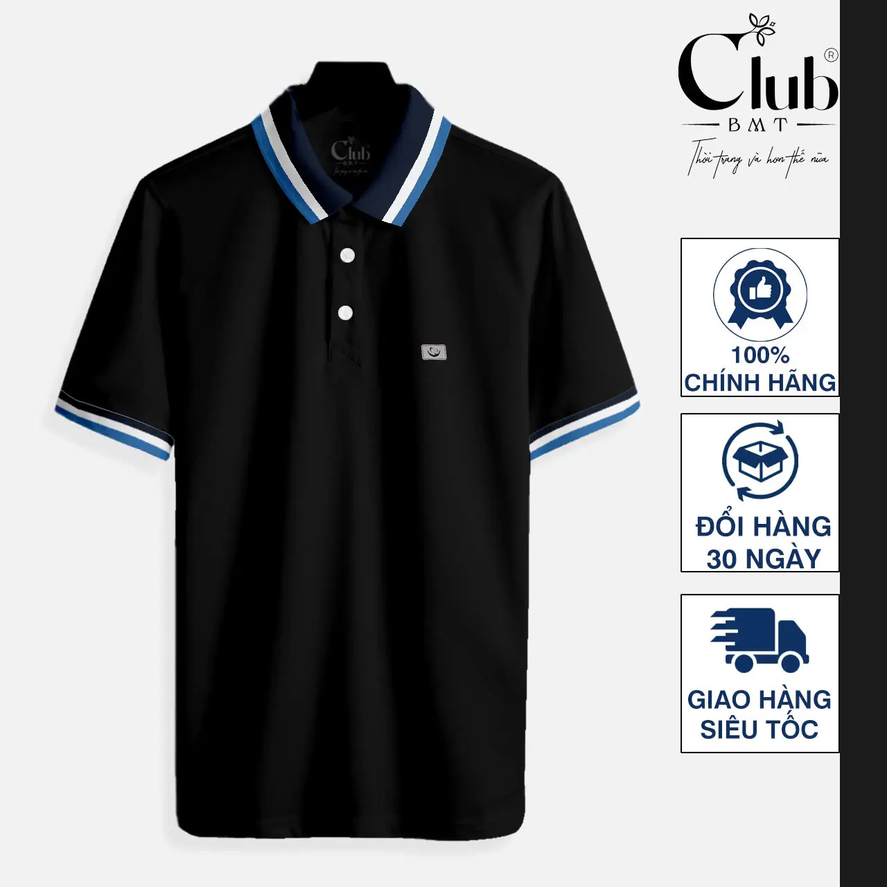 Áo polo CLUB BMT đen phối cổ sọc xanh dương chất vải cao cấp