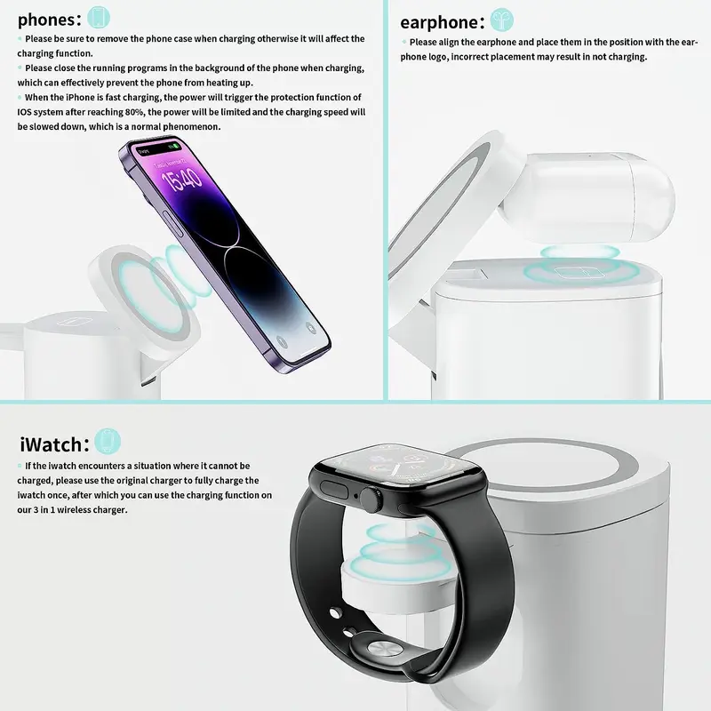 3 in 1 Wireless Charger, 1 Count Multifunctional Portable Wireless Charging Station with Ambient Light, Magnetic Charging Station for iPhone 16/15/14/13/12, AirPods 4-2, Apple Watch 2-10/Ultra 5