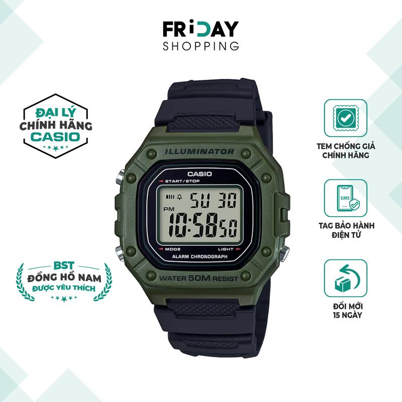 Đồng Hồ Đeo Tay Nam Casio Watch Điện Tử W-218H-3AVDF Mặt Vuông Dây Cao Su Chính Hãng Chống Nước 5ATM