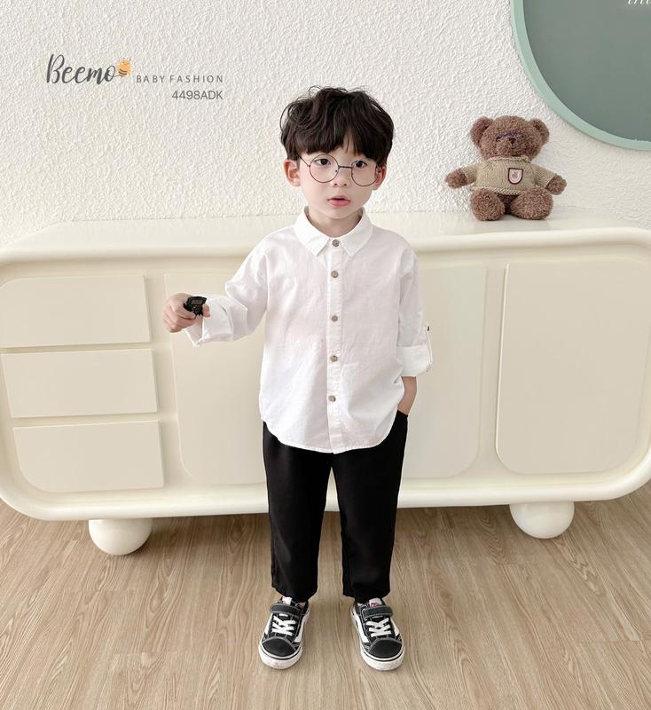 Áo sơ mi cho bé trai dài tay Beemo trơn cổ đức cho bé đi học, đi chơi cho bé 9-24kg 4498ADK