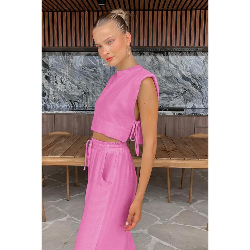 Fashion Cotton and Hemp Set Women's 2025 Summer New Style Shoulder Pads Sleeveless Top Pants Two Piece Set European and American Casual Womenswear Clothes 7