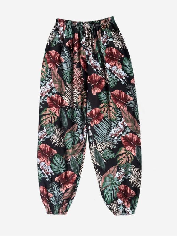 Women's Plants Print Elastic Waist Harem Pants, Fashion Casual Printed Trousers For Women, Ladies Bottoms For Summer, Comfort PJ Clothing for Homewear 0