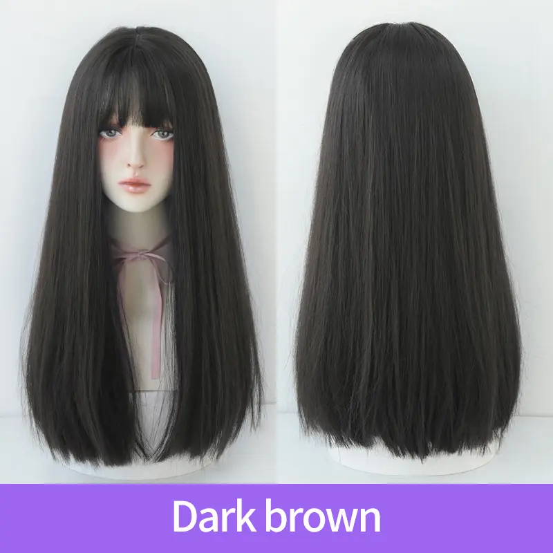 7JHH WIGS Long Straight Wig for Women Natural Fluffy Black Full Wig Fashion Wig with Bangs High Temperature Synthetic Silk Wig Black