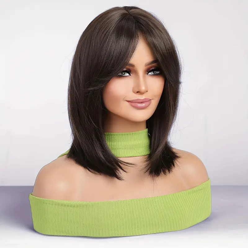 Medium-Length Wig for Women with Bangs, Off-Shoulder Hair, Age-Reducing Middle Part Wig, Full Wig 4