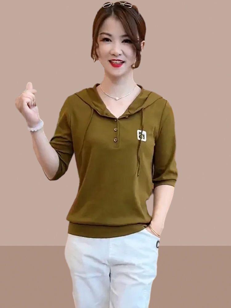 Product Introduction of Áo Thun Dài Tay Có Mũ Trùm Đầu, Mỏng, Trang Phục Đầu Thu Của Mẹ, Phong Cách Đi Chơi Chống Lão Hóa, Áo Thời Trang Phong Cách Phương Tây 15