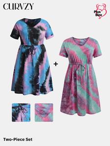 CURVZY Plus Size Tie Dye Print Short Sleeve Dress Set, Women's Plus Clothing for Daily Wear