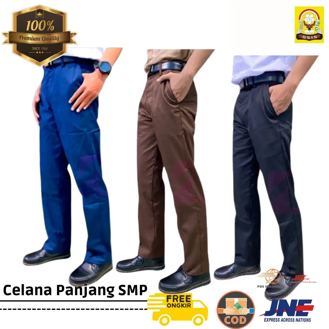 celana seragam SMP panjang warna biru, coklat, hitam, putih
