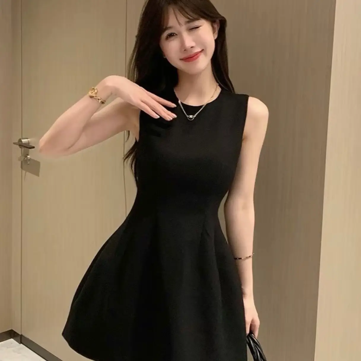 [HÀNG THIẾT KẾ 2 LỚP ] Đầm Váy tiểu thư cổ tròn sát nách thanh lịch dành cho nữ Váy ngắn đa năng eo Váy chữ A Women Voan váy  tiệc váy  vibe nha  dress đầm  dự váy  đi chơi dạo phố chiết đen hoa