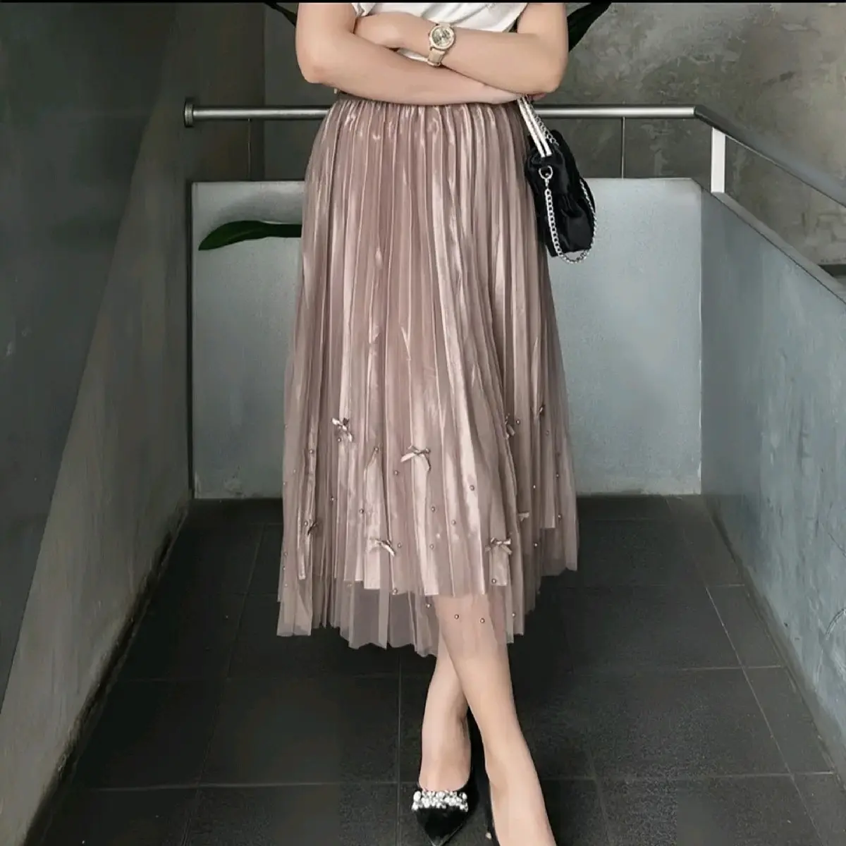 Chân Váy Lưới Dài 2 Lớp Phối Nơ Ngọc Cạp chun co dãn