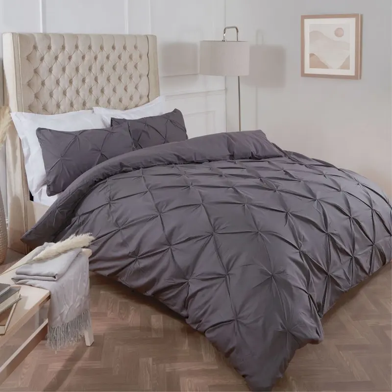 Highams Diamond Pintuck Pinch Pleat Duvet Cover Set - Silver 7