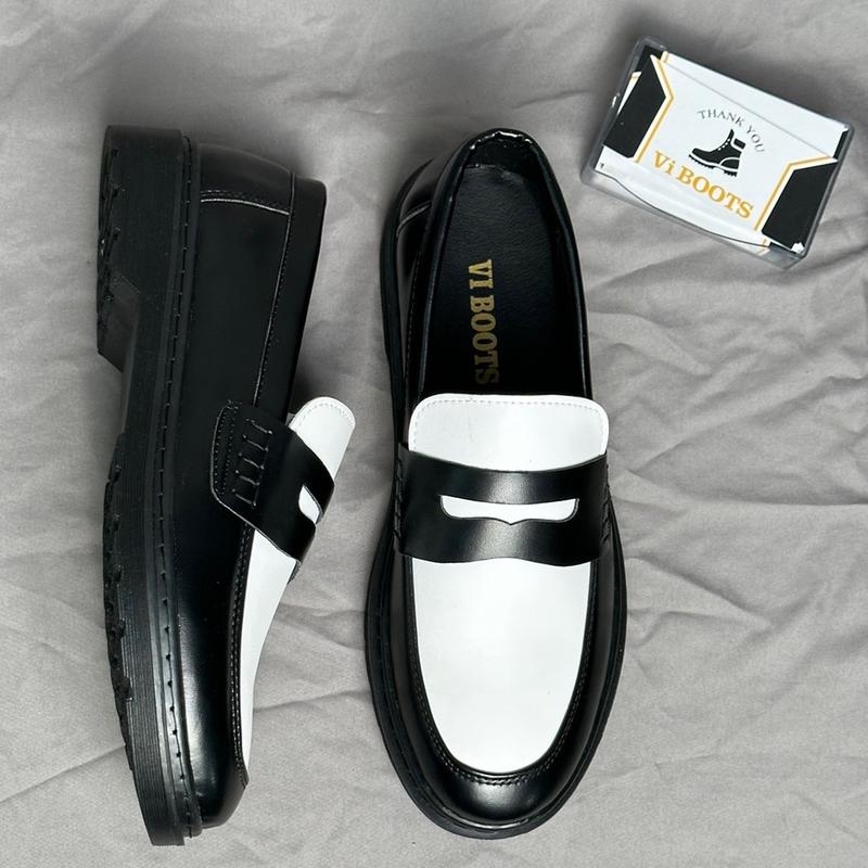 Giày Tây Lười Da Xít Penny Loafer Black White Da PU Kiểu Dáng Công Sở, Giày Mũi tròn Tăng chiều Cao