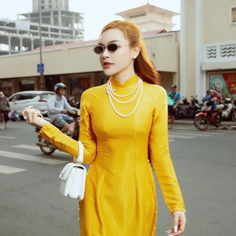 Áo dài lụa vân gỗ 4 màu kiểu dáng truyền thống Nữ Dress 2