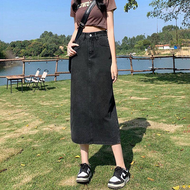 A-Line High Waist Slit Denim Skirt for Women Summer 2025 New Mid-Length Slim Fit Pencil Skirt Black Gray 4